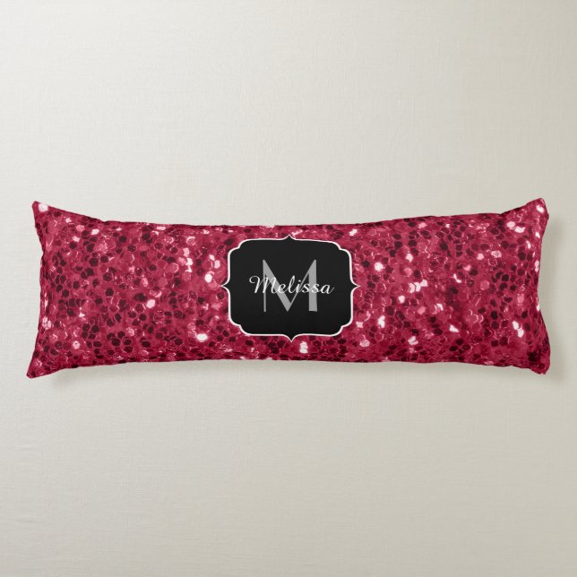 Cojín Rojo magenta rosa oscuro falsos destellos Monogram (Anverso)