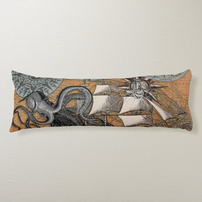 Cojín Rosa de brújula Vintage Nautical Octopus Ship (Anverso)