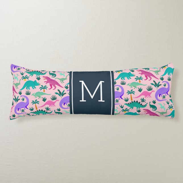 Cojín Rosa | Monograma de patrón de dinosaurio cutáneo y (Anverso)