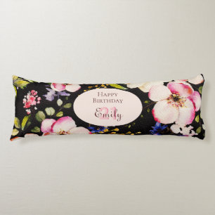 Cojín Rosa rosa y amarillo color de agua en negro, cumpl