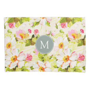 Cojín Rosas florales de época Peonies Monograma Funda de