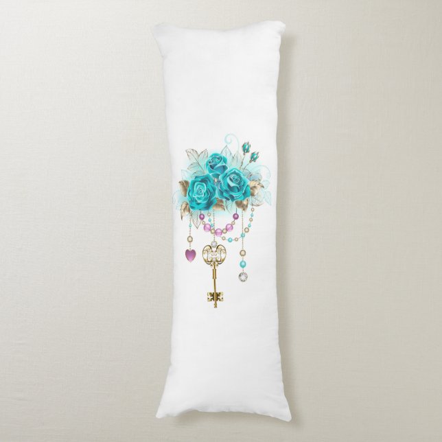Cojín Rosas turquesas con llaves (Frente vertical)