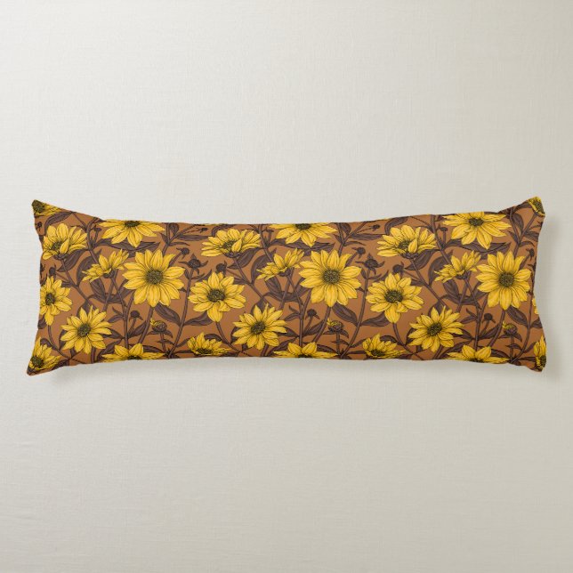 Cojín Sunroot, girasol salvaje en amarillo y marrón (Anverso)