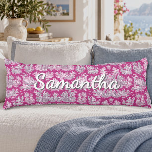Cojín Toile de Jouy monograma floral rosa magenta vintag
