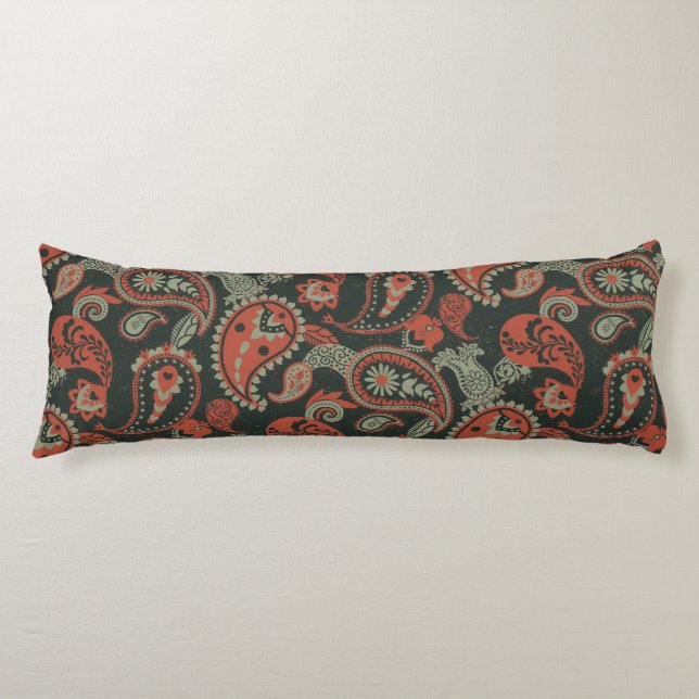 Cojín Tradicional Paisley Linocut Naranja cálido Mint Gr (Anverso)