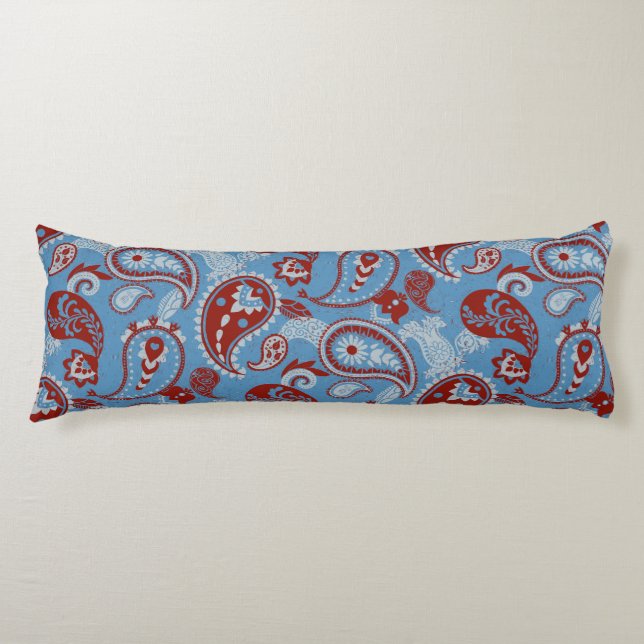 Cojín Tradicional Paisley Linocut Rojo Azul Blanco (Anverso)