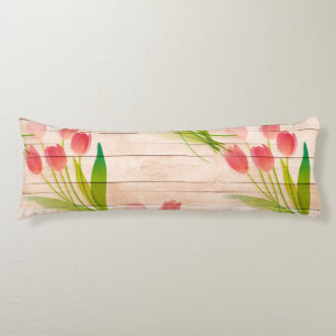Cojín Tulipanes rojos sobre fondo de madera limpia