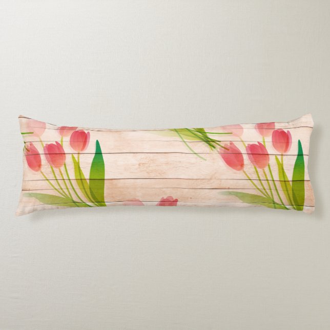 Cojín Tulipanes rojos sobre fondo de madera limpia (Anverso)