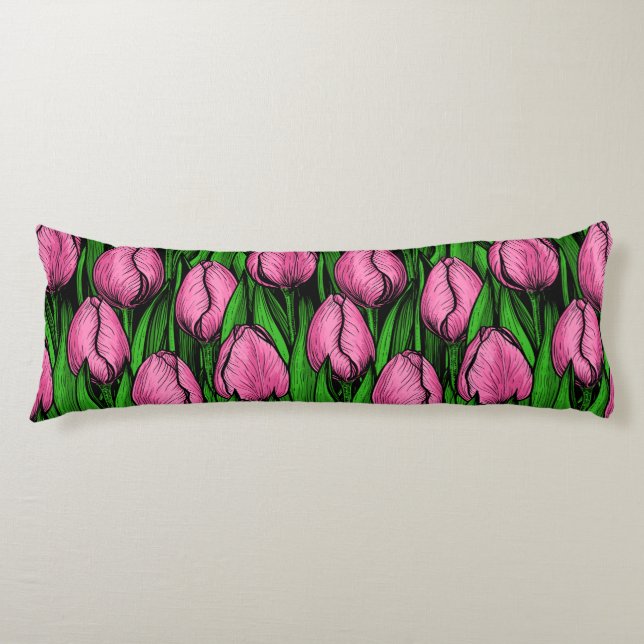 Cojín Tulipanes rosados con hojas verdes (Anverso)