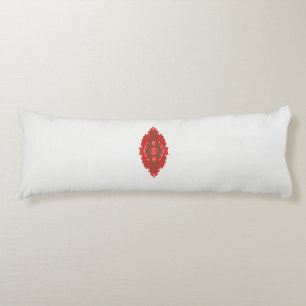 Cojín un diseño rojo y marrón sobre un fondo blanco