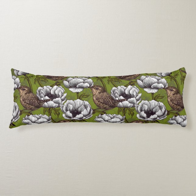 Cojín Wrens en el jardín de anémona blanca (Anverso)