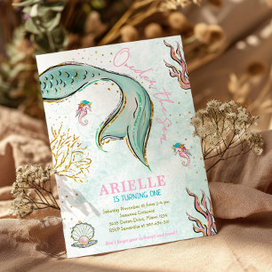 Cola de sirena brillo menta bajo el mar Invitación