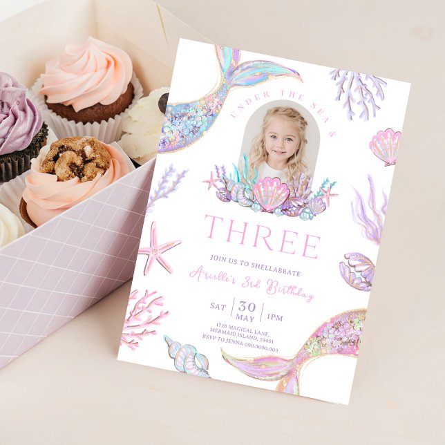 Cola de sirena editable Cumpleaños 3 Invitación Br (Editable Mermaid Tail 3rd Birthday Invite Glitter
)