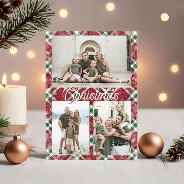 Colage de 3 Fotos Plaid Navidad Feliz (Merry Christmas on plaid three photo collage flat holiday cards,  PRINTED and/or INSTANT DOWNLOAD)