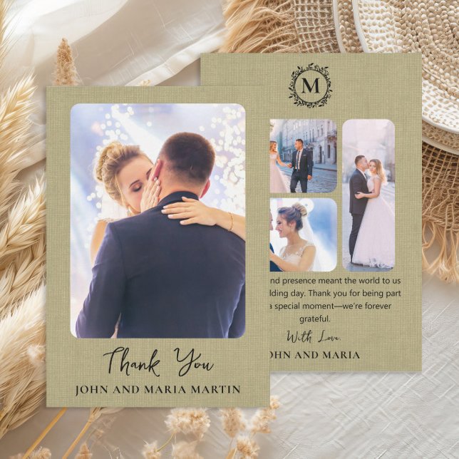 Colage de Fotos de Boda Agradecimiento en Lino Ver (Elegant sage green linen design wedding photo collage Thank You card)