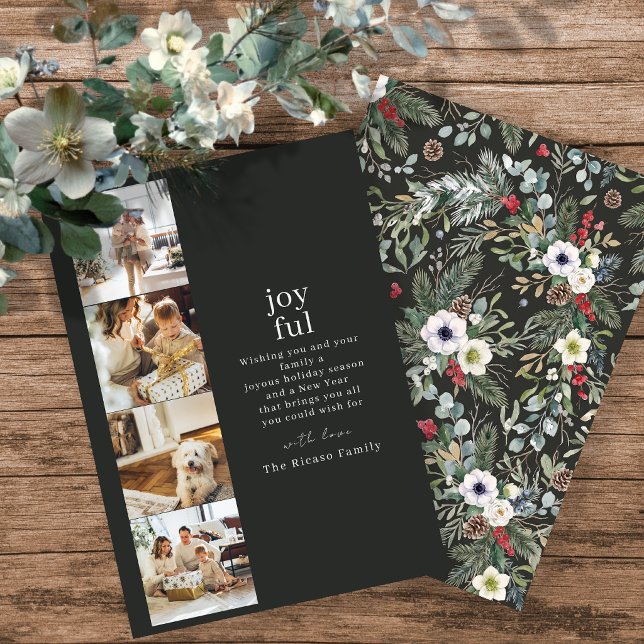 Colage de Navidad botánico personalizado con 4 fot (Botanical Christmas Personalized 4 Photo Collage Holiday Card by Ricaso. Add own photographs & text
)