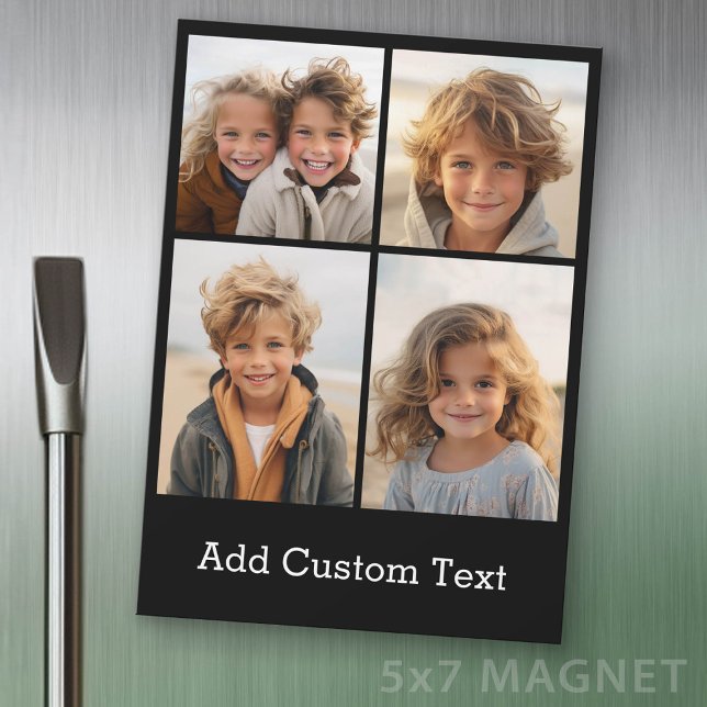 Colaje de 4 fotos - Imán negro con texto blanco (Photo Magnet Sheet - 5 inches x 7 inches)