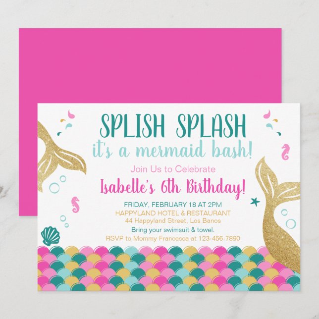 Colas de la sirena bajo invitación del cumpleaños (Anverso / Reverso)