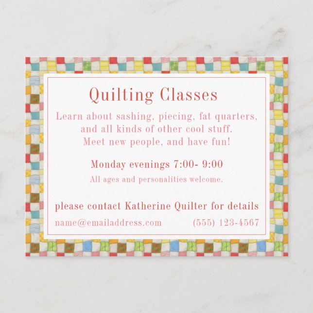 COLCHA LOCA "Clases de Quilting" Tarjeta Postal /  (Anverso)