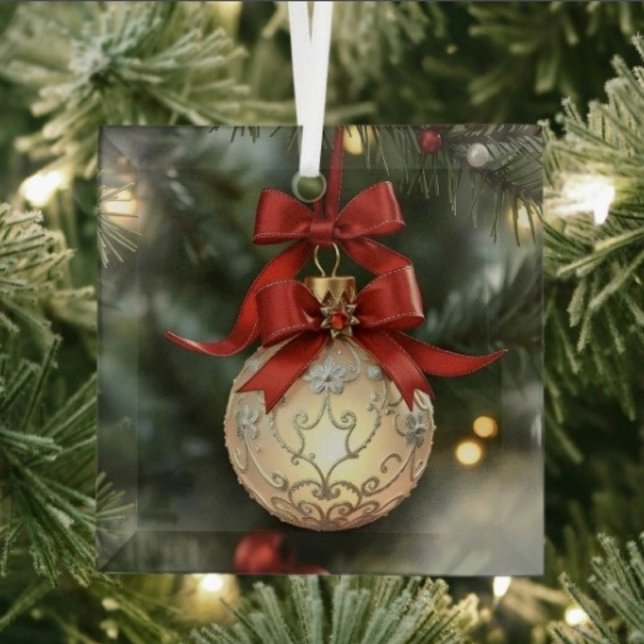 Colección de adornos de Navidad elegante con lazo  (Glass Square Ornament frosted back one-sided printable size: 3”.)