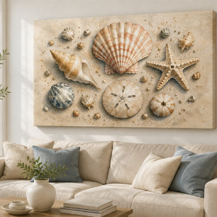 Colección de Conchas de Mar en Lienzo Acuarela