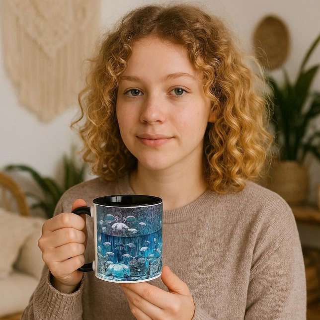 Colegio de peces en la taza de las rocas oceánicas (School of Fish in Ocean Rocks Mug Coastal Blue Mug)