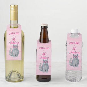 Colgador Para Botellas 50 y fabuloso gato, rosa y gris, cumpleaños 50
