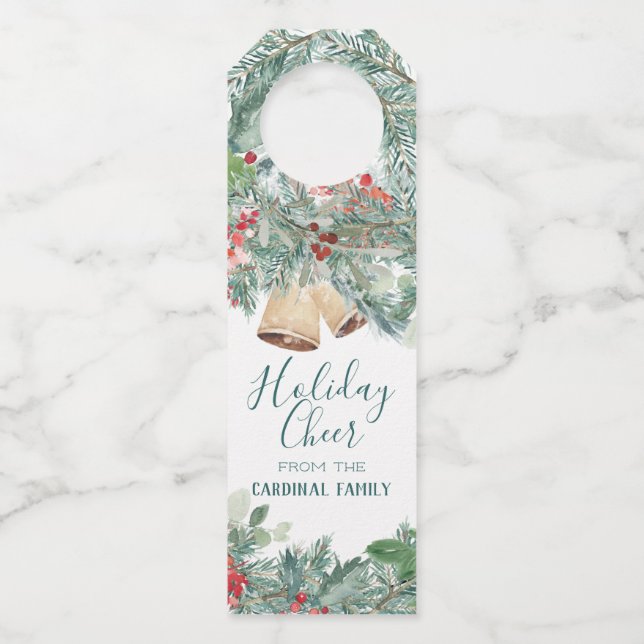 Colgador Para Botellas Alegría Navideña Rojo Acebo y Campanas Rústicas (Anverso)