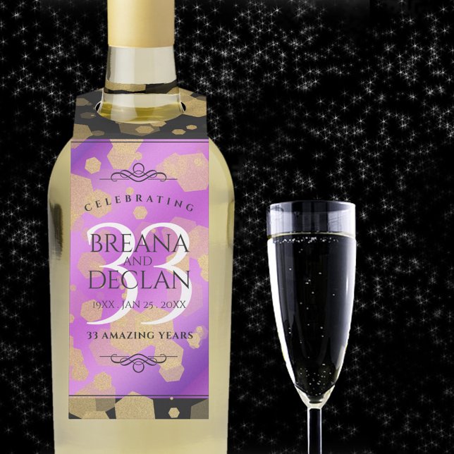 Colgador Para Botellas Aniversario de bodas de amatista 33 elegante (33rd amethyst wedding anniversary bottle hanger with champagne flute on a starry night sky.)