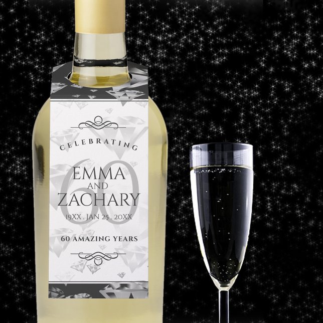 Colgador Para Botellas Aniversario de bodas de diamante 60 elegante (60th wedding anniversary bottle hanger with champagne flute on a starry night sky.)