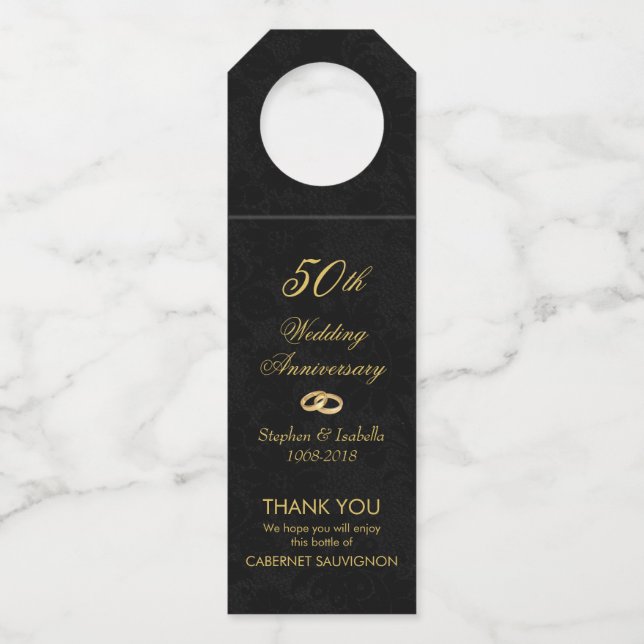 Colgador Para Botellas Aniversario de Bodas de Oro Elegante en Negro 50 (Anverso)