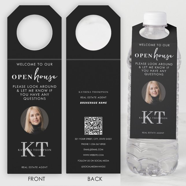 Colgador Para Botellas Apertura de casas y agentes inmobiliarios Foto de  (Open Houses & Real Estate Agents Photo Black Bottle Hanger Tag)