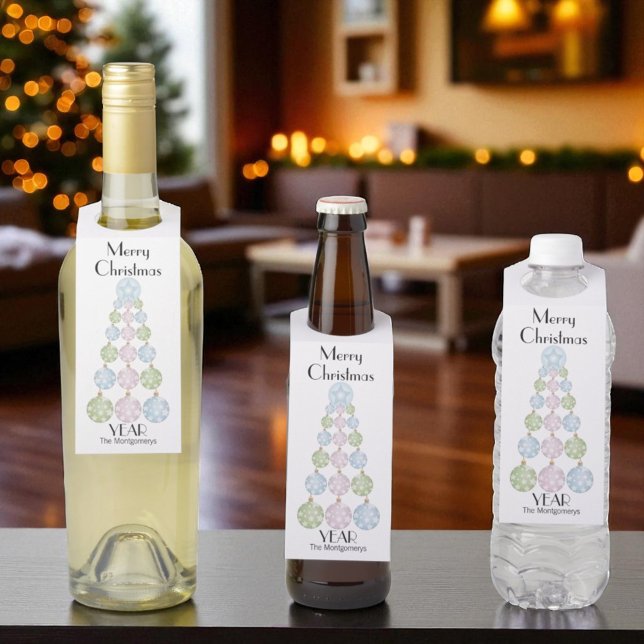 Colgador Para Botellas Árbol de Navidad moderno con adornos pastel (Christmas personalized bottle tags)