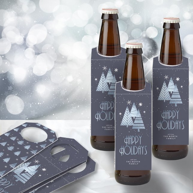 Colgador Para Botellas Árboles de Navidad y copos de nieve Blue ID863 (Front/Back In Situ)