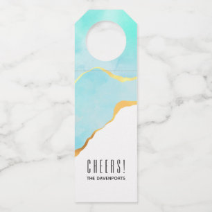 Colgador Para Botellas Azul verde tropical tranquilo con borde dorado