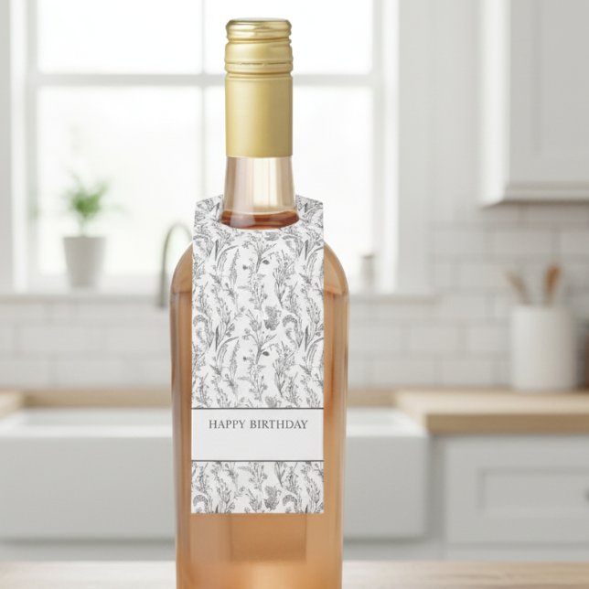 Colgador Para Botellas Black White Toile Floral Gift (happy birthday customized black and white toile wine bottle label with hanging tag design)