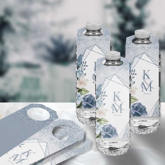 Colgador Para Botellas Boda de espárragos florales Dusty Blue ID889 (Front/Back In Situ)