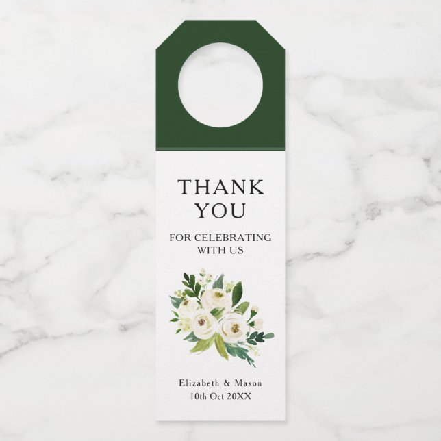 Colgador Para Botellas Boda de la vegetación floral blanca Gracias Etique (Anverso)