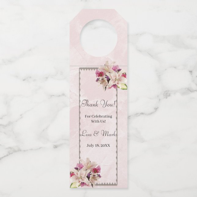 Colgador Para Botellas Boda de Mármol rosa Floral de Lirio Blanco (Anverso)