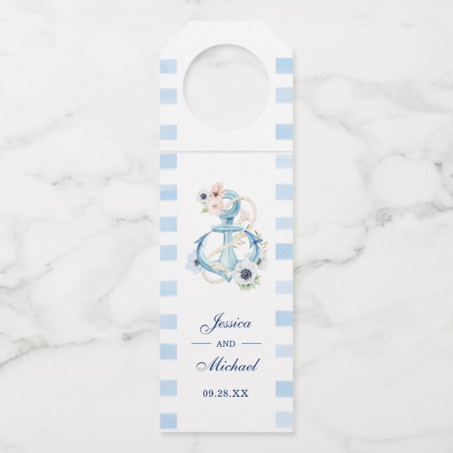 Colgador Para Botellas Boda de Playa Floral Náutica Acuarela con Ancla (Anverso)
