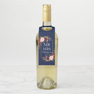 Colgador Para Botellas Boda floral azul oro de Sr. y Sra. Borgoña