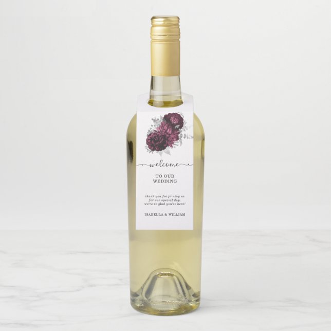 Colgador Para Botellas Boda floral Borgoña personalizada (En botella)