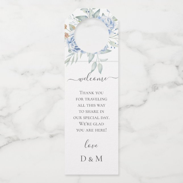 Colgador Para Botellas Boda Floral de Invierno Azul Rústico (Anverso)