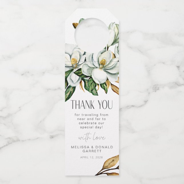Colgador Para Botellas Boda Floral de Magnolia Blanca Gracias (Anverso)