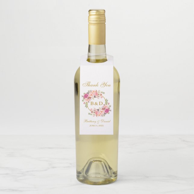 Colgador Para Botellas Boda Monograma de Guiso Floral Rosa (En botella)