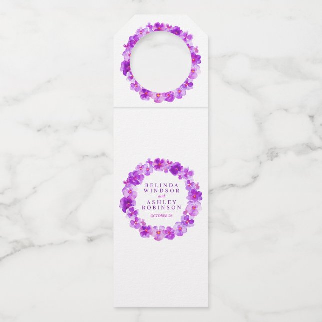 Colgador Para Botellas Boda pensamiento púrpura acuarela personalizada  (Anverso)