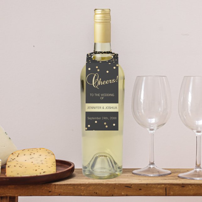 Colgador Para Botellas Boda personalizado CHEERS Black Gold Confetti (Subido por el creador)
