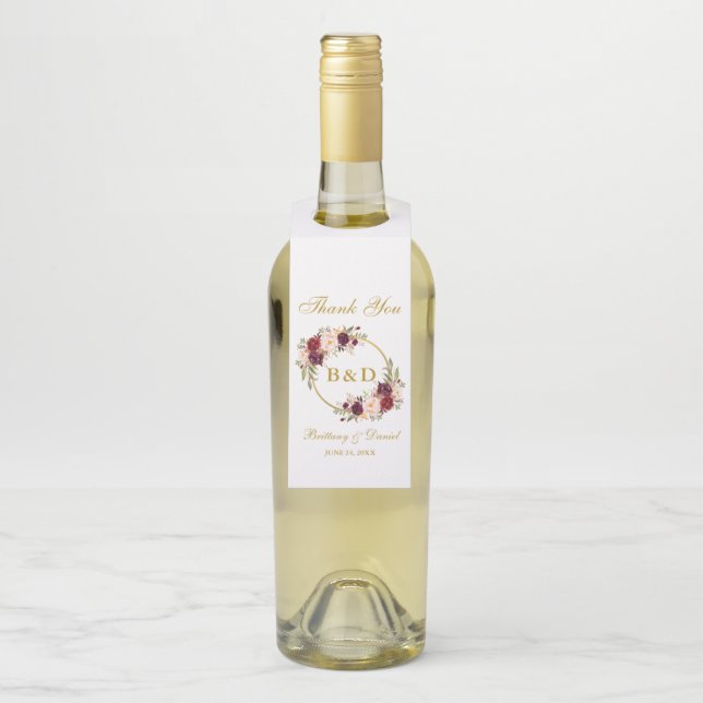 Colgador Para Botellas Borgoña Floral Wreath Gold Monograma Boda (En botella)