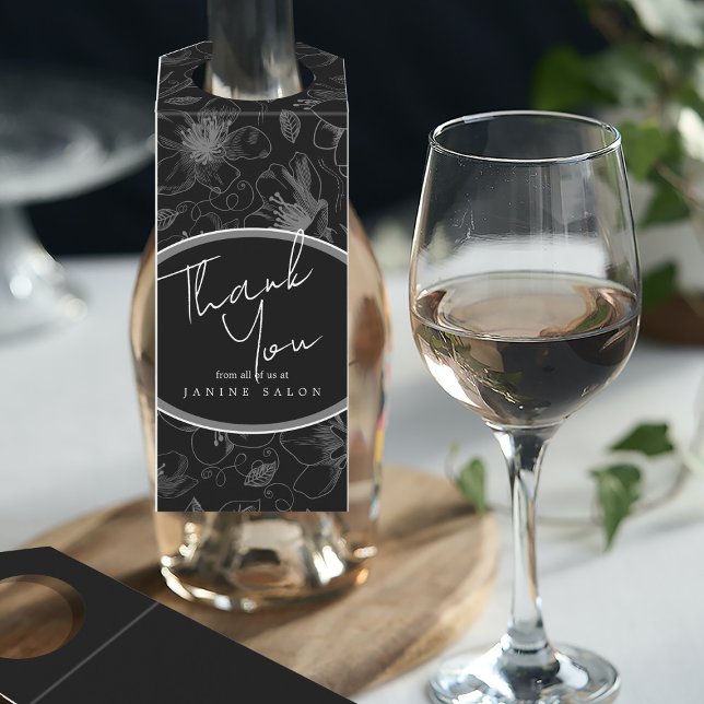 Colgador Para Botellas Bosquejo Floral Esquema Gracias Gris/Blk ID939 (Front/Back In Situ)