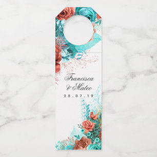 Colgador Para Botellas Botella de boda floral tropical turquesa y coral